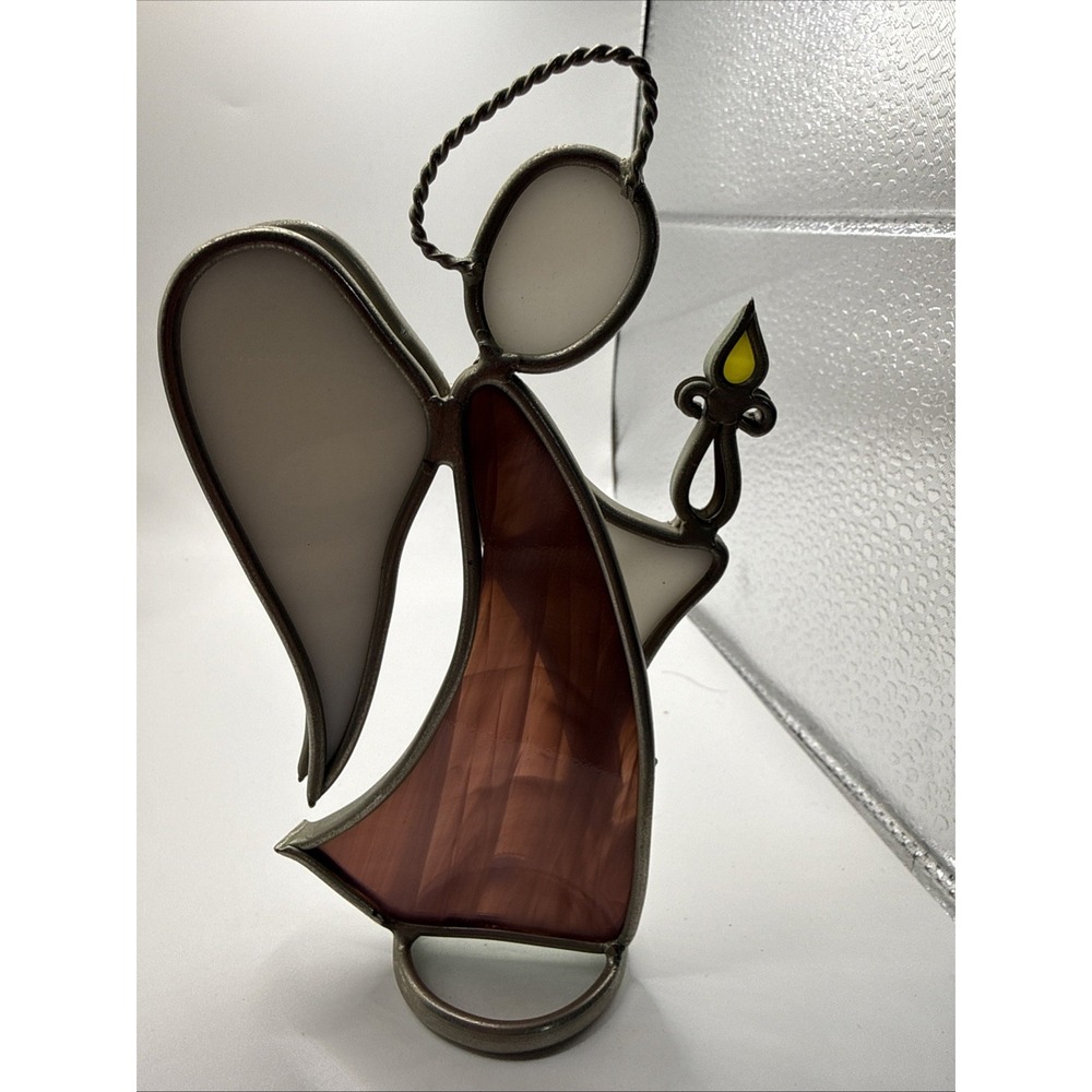 stained glass Mauve/  Purple Angel Holding Candle - Free Standing - Home Decor